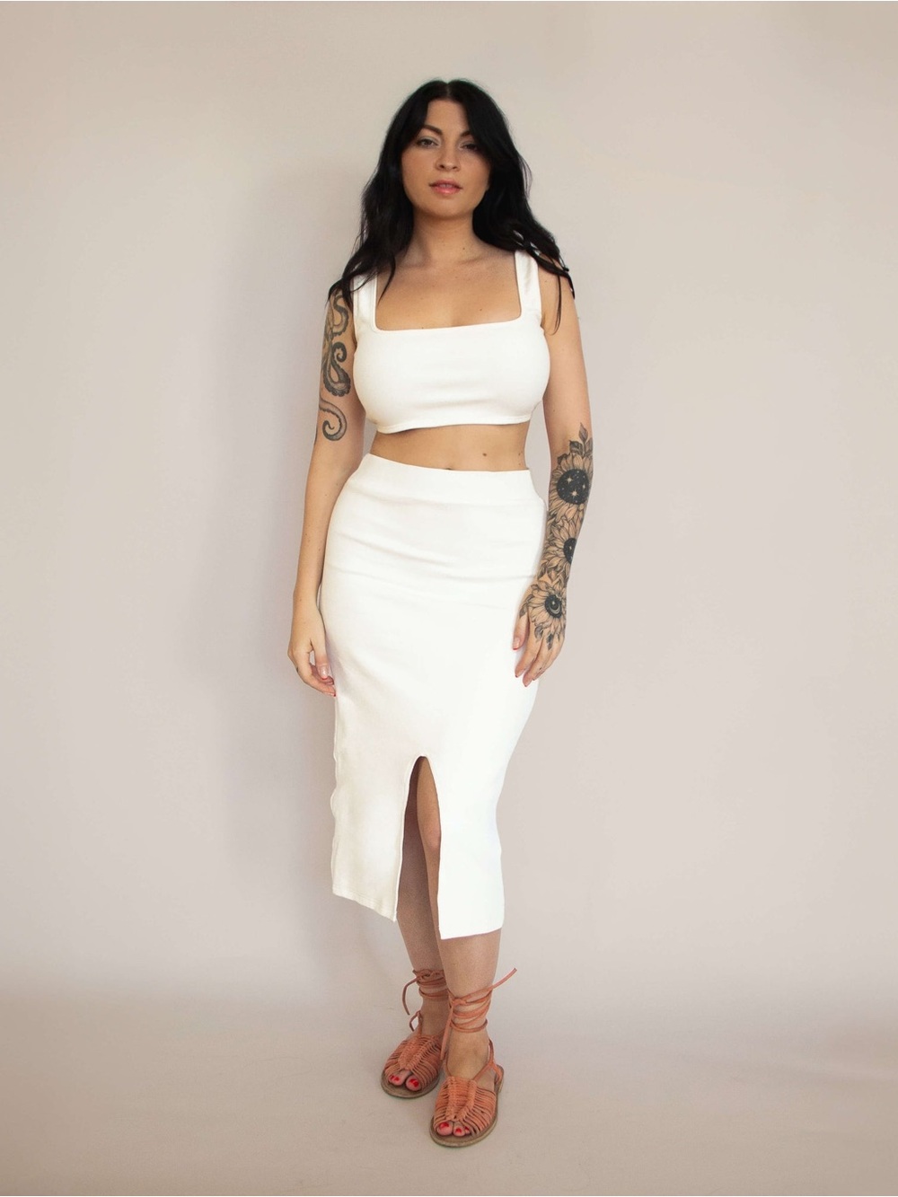 White Midi Pencil Skirt with Front Slit - Women